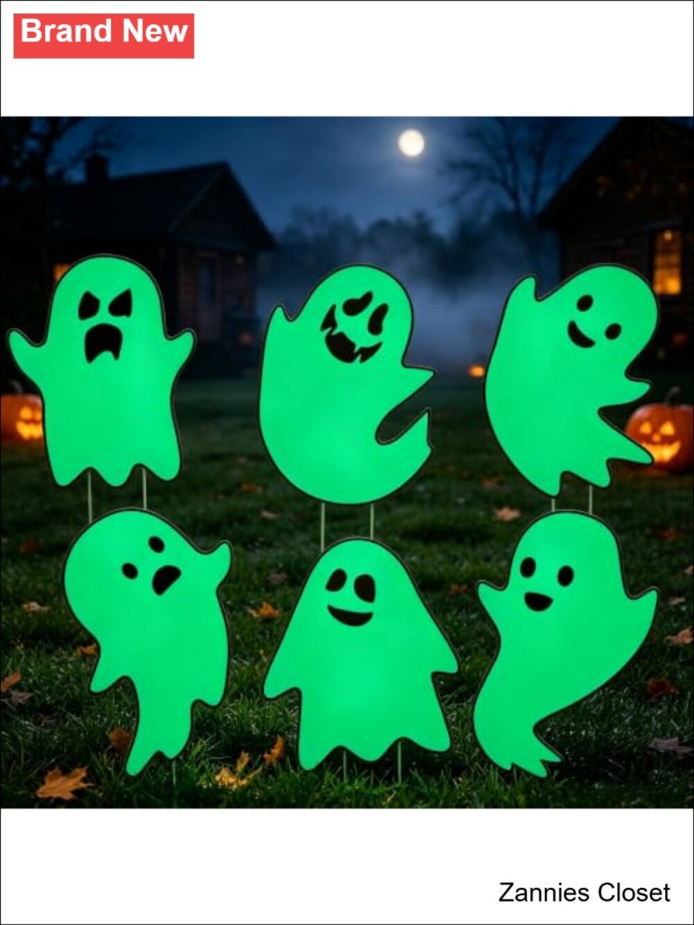 👻 6-Pc Glow in the Dark Ghost Yard Stakes 16.5" Halloween Outdoor Decor
